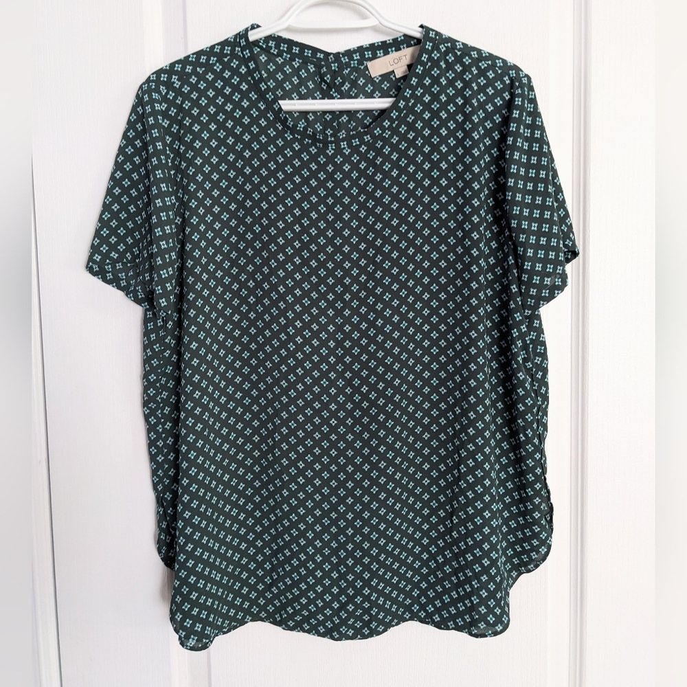 Loft green blue diamond print blouse shirt large